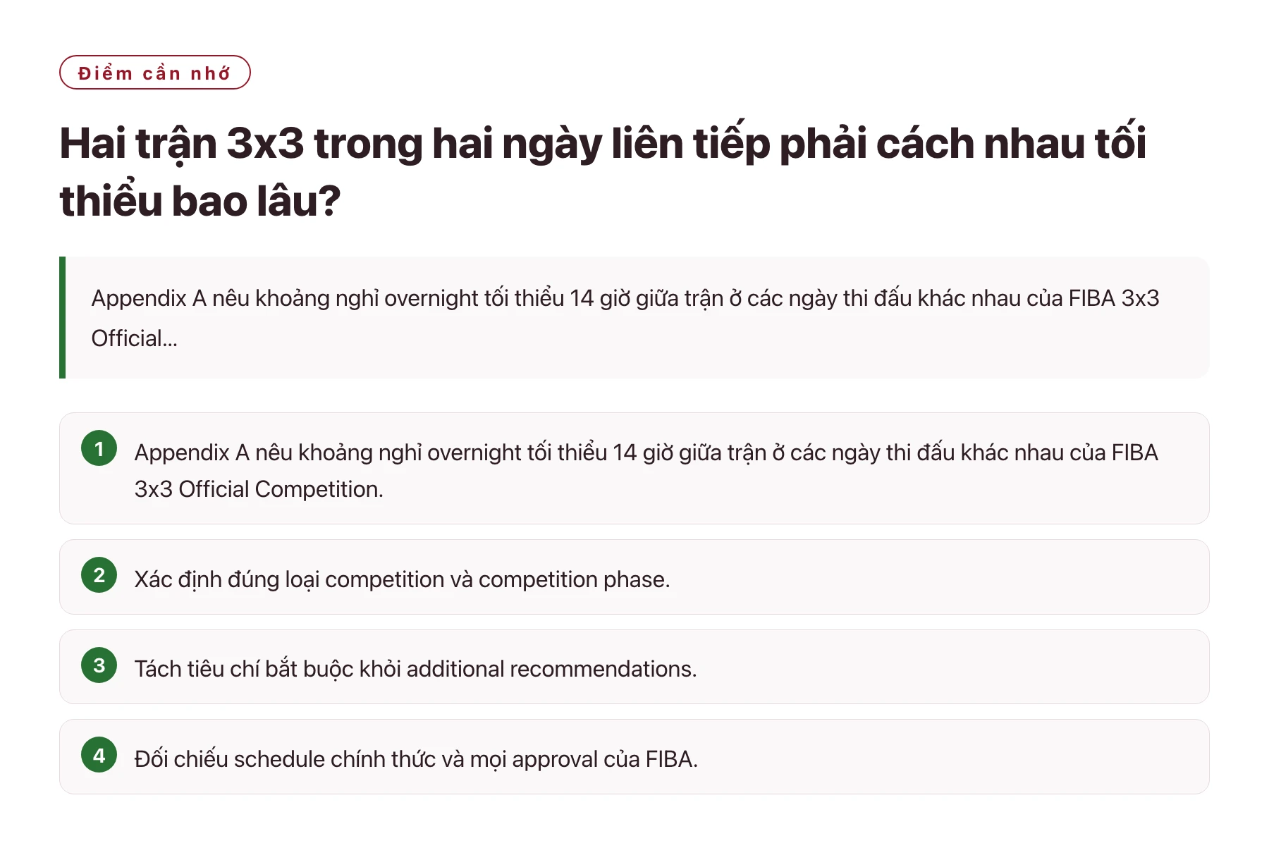 Hai trận 3x3 trong hai ngày liên tiếp phải cách nhau tối thiểu bao lâu?——全文要点速览