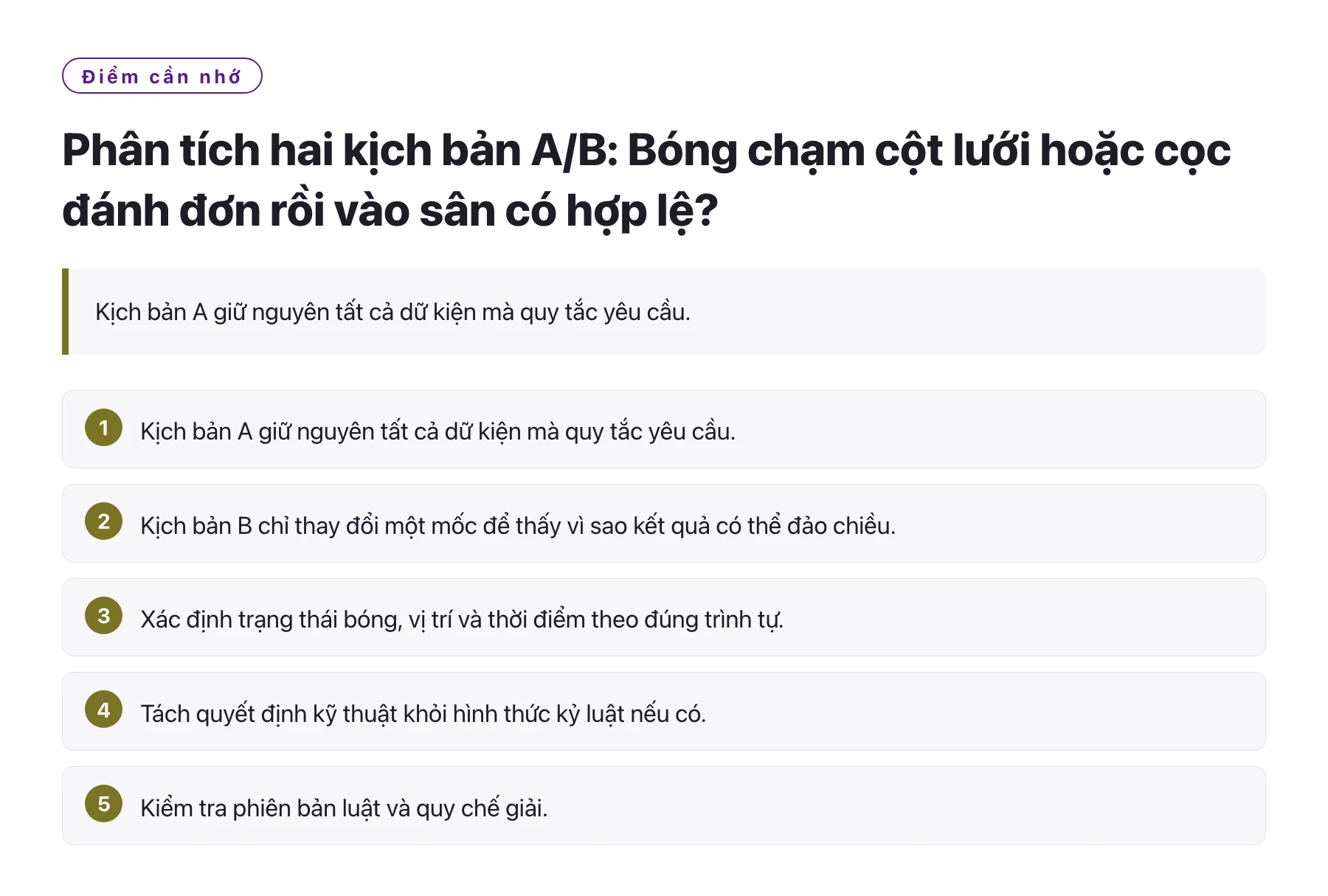 Phân tích hai kịch bản A/B: Bóng chạm cột lưới hoặc cọc đánh đơn rồi vào sân có hợp lệ?——全文要点速览